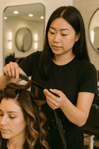 A cosmetologist performing a hair service on a client