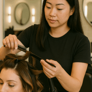 A cosmetologist performing a hair service on a client