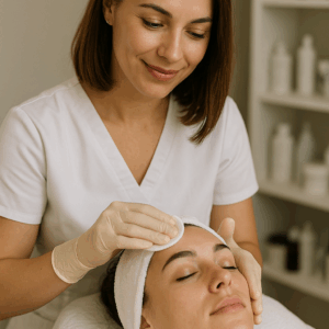 Esthetician providing a facial service on a client