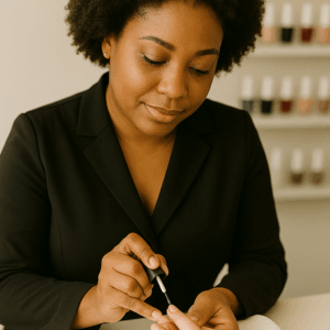 A Manicurist performing a manicure service on a client in the nail salon